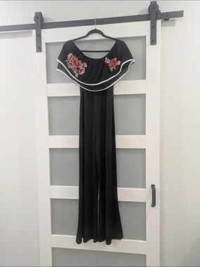 Black Maxi Dress with Rose Embroidered Ruffle